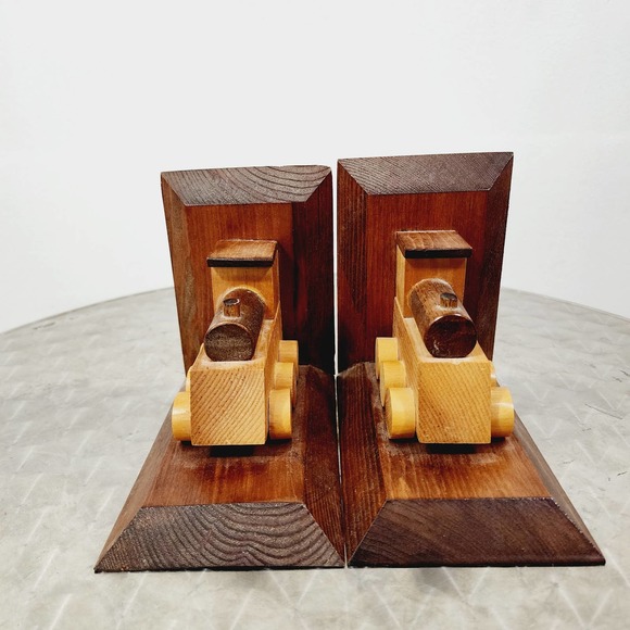 Vintage Wooden Hand Made Train Bookends Library Primitive Classic Americana - Picture 7 of 16